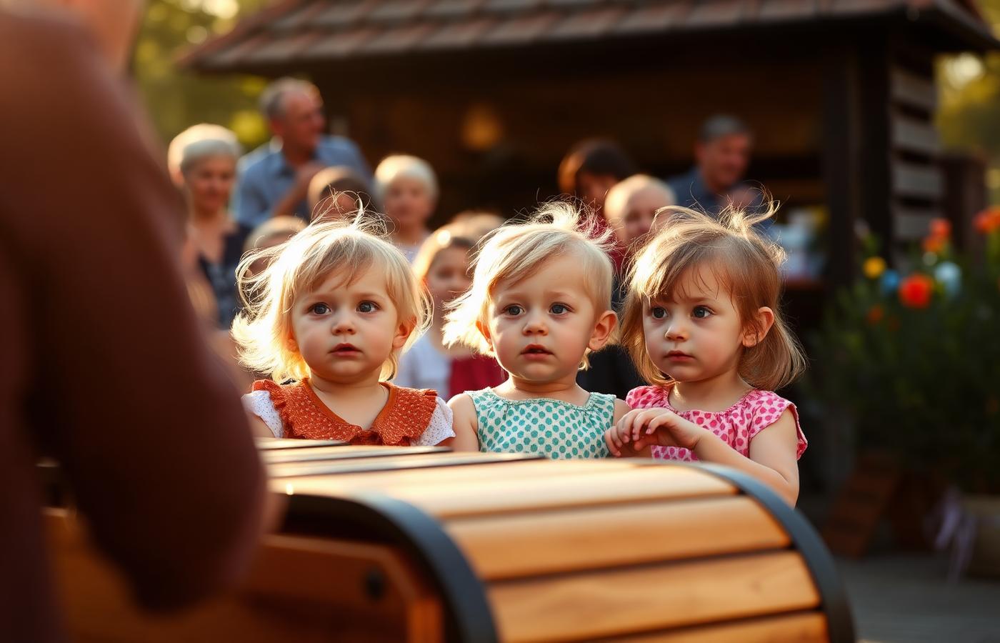 Neugierige Kinder bestaunen eine Drehorgel im Garten bei einem Geburtstag