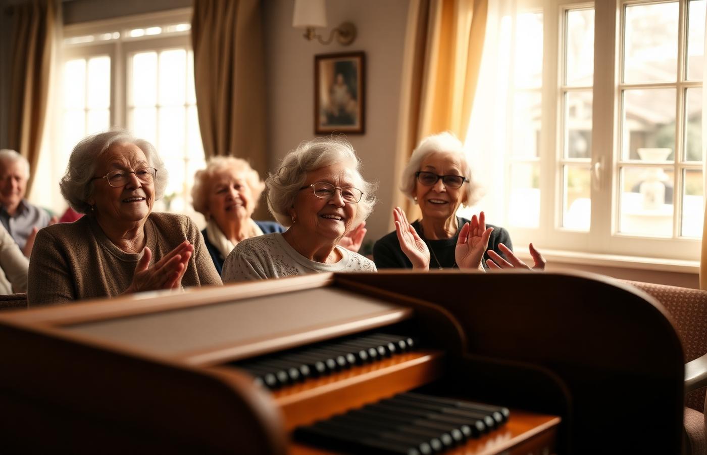Ältere Menschen in einem Seniorenheim klatschen und singen mit der Drehorgelmusik mit